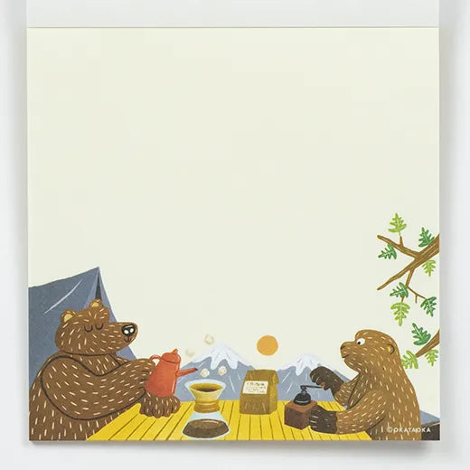 Illustration of two bears at a campsite with mountains in the background