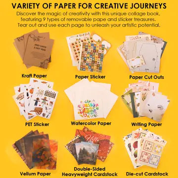 Immerse yourself in the golden season with this luxuriously thick collage book! Featuring 200+ pages of diverse premium papers and a curated sticker collection, we invite you on an enchanting journey themed "Autumn Palette" – unlocking infinite possibilities for art, journaling, and seasonal delight!
