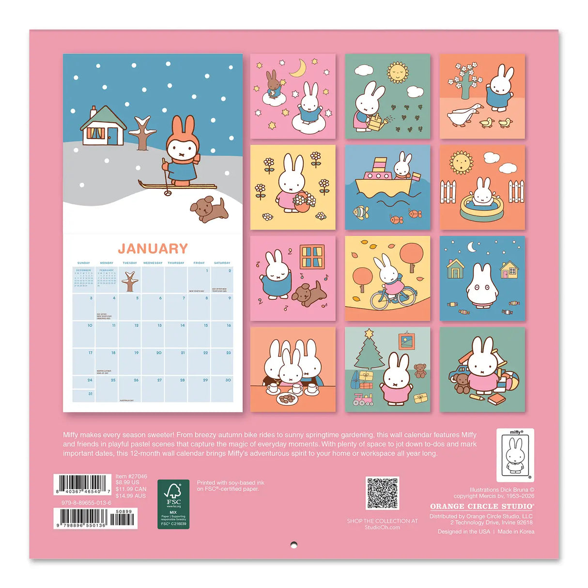 Miffy makes every season sweeter! This perfectly sized 7" × 7" Wall Calendar brings Miffy’s adventurous spirit to your home or workspace all year. From breezy autumn bike rides to sunny springtime gardening, each month showcases Miffy and friends in soft pastel scenes that capture the magic of everyday moments—plus roomy calendar grids with space to jot down plans, reminders, and special occasions.
• 7"w x 7"h closed
• 12 months (Jan.–Dec. 2027)
• 13 pages; 150 gsm acid-free, FSC®-certified paper
• Sadd