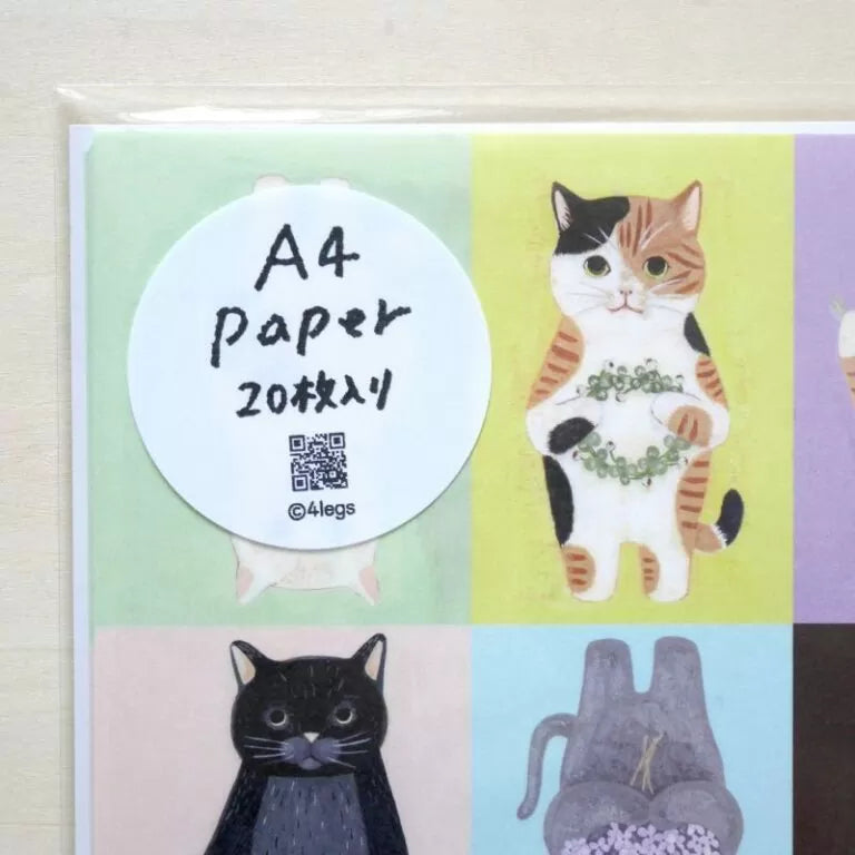4legs A4 Paper - Cats in Picture Books No.1
Featuring charming watercolor of different cats from Japanese illustrator 4legs.
This A4 sized paper set includes 20 sheets of paper with the same design featuring over 12 different cat drawings. Perfect to use as wrapping paper, making small bags, or using it as a book cover.
Contents: 20 sheets
Size: A4 size (210×297mm)
Paper type/thickness: About the thickness of copy paper