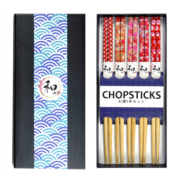 This set includes 5 sets of chopsticks with a red floral pattern inside a gift box.
Material: Bamboo
Size: 9"L
Origin: China