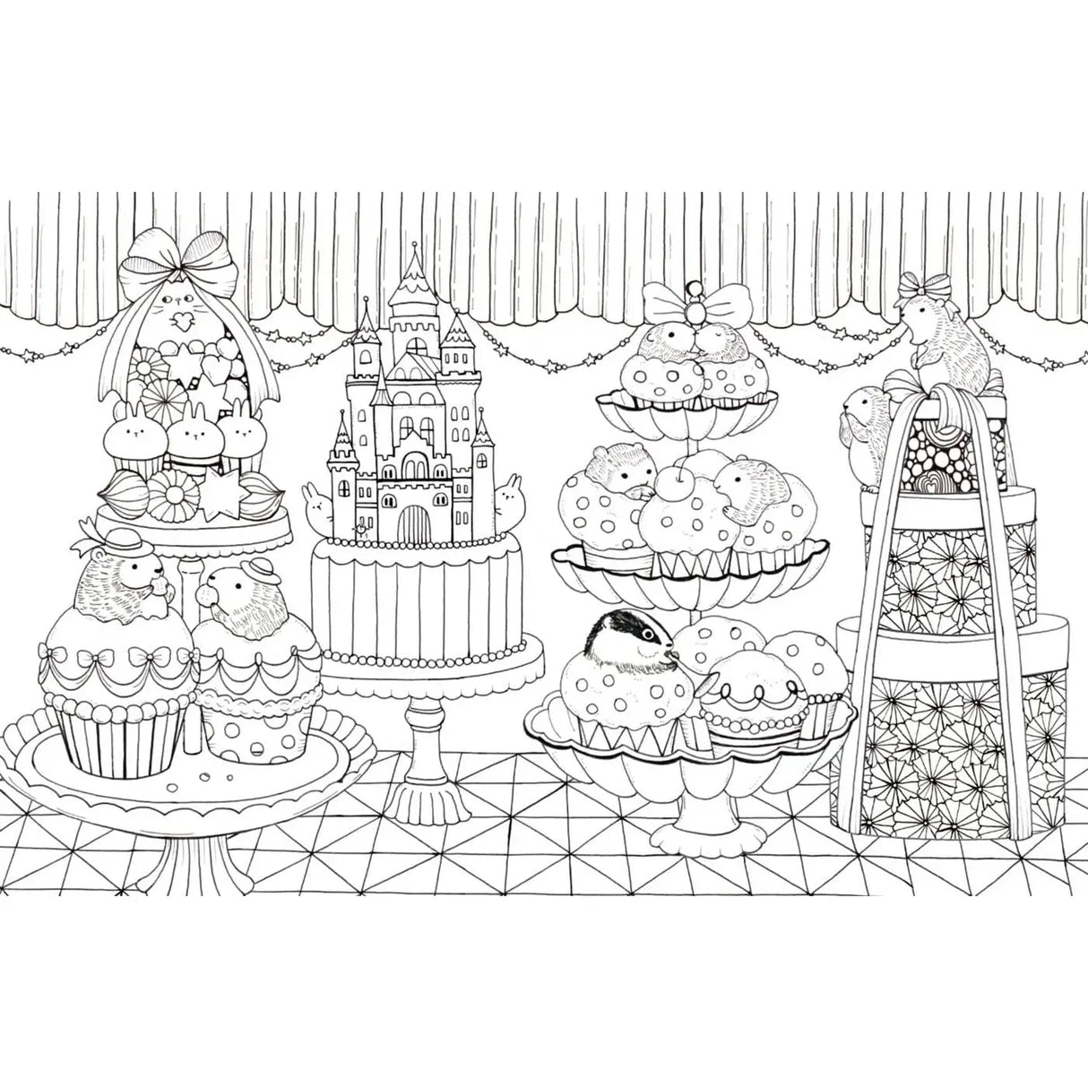 Black and white illustration of various cakes and a castle on a geometric patterned background
