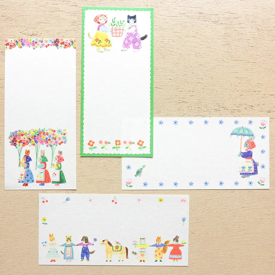 Animals dressed in fashionable clothes and cute flowers are drawn in a one-stroke note by illustrator Aiko Fukawa. Since it uses fluorescent ink, the bright color is cute. Use it to write a small letter or thank you.
It comes in a set of 4 patterns, so you can use it according to your mood and the person you are sending it to.
It is made of Mino washi paper with a pleasant rough texture, and you can also enjoy the unique writing comfort of washi paper.
Mino washi paper
4 patterns, 5 sheets each&nb