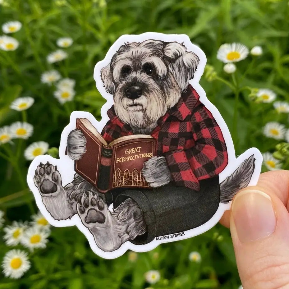 Allison Stoiser Art - Bookish Schnauzer Vinyl Sticker
This schnauzer is reading a well-worn copy of Great Fetchpectations. It's clearly a favorite!