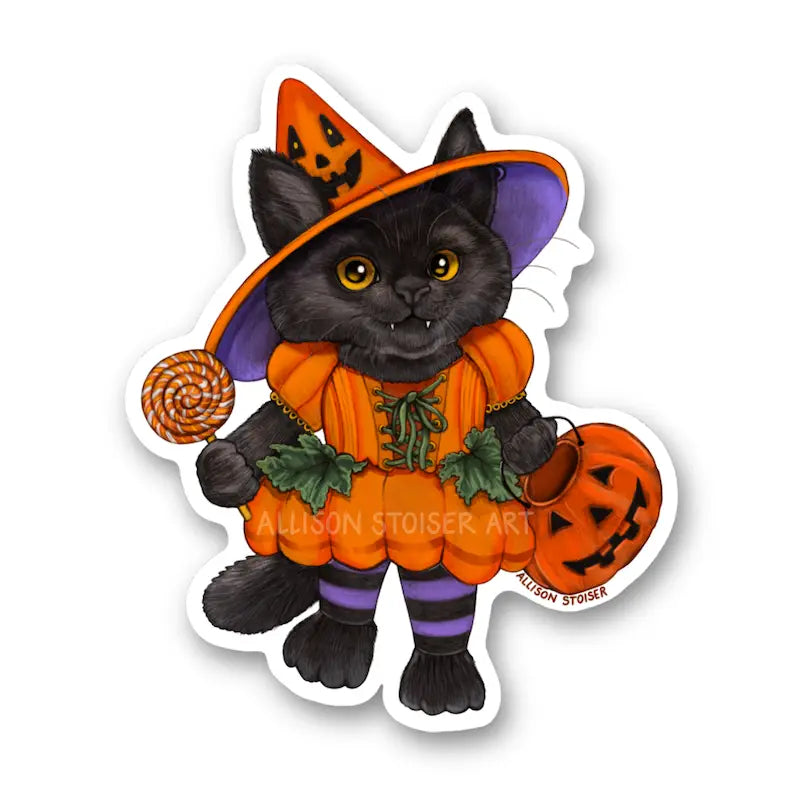 This black cat is dressed up as a little pumpkin witch and is ready to go trick-or-treating!
This 3" die-cut gloss vinyl sticker is durable, weatherproof, and perfect for water bottles, notebooks, laptops, bikes, and all sorts of other surfaces! Make sure to clean and dry the surface thoroughly before applying.