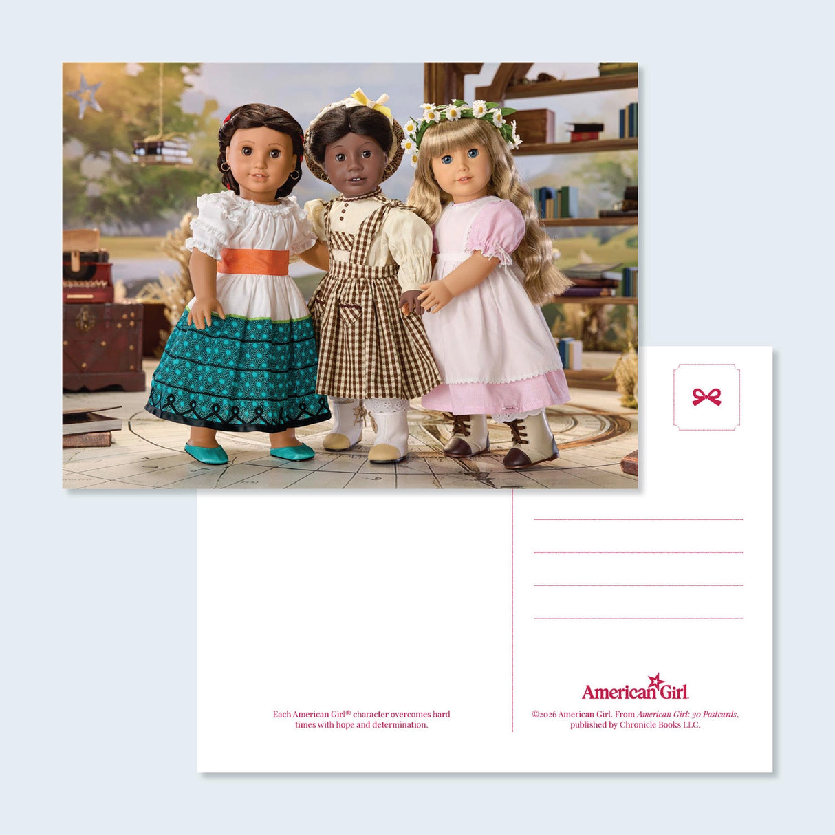 Celebrate American Girl®! This officially licensed postcard set features charming photographs of the iconic Historical Character dolls and their many adventures.
For generations, American Girl® has fostered empathy and imagination in every story. Perfect for sending to a friend or displaying on your wall or desk as an art print, these charming postcards feature delightful photos of American Girl® favorites: Samantha Parkington™, Kit Kittredge™, Molly McIntire™, Kirsten Larson™, Josefina Montoya™, Addy Walk
