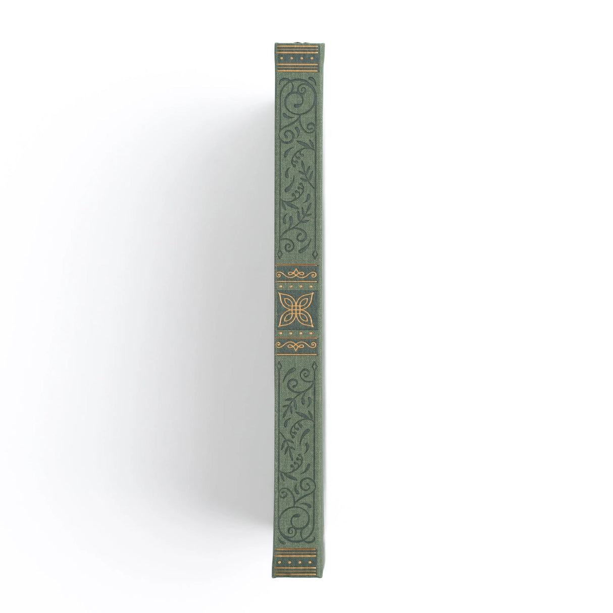 Introducing the Storybook Notebook, featuring an intricate full cover design inspired by vintage special edition books, part debossed and part hand stamped with gold foil on a vintage olive vegan leather cover. This design spans the full notebook, with special debossed and foiled details on the back cover, spine and front cover.