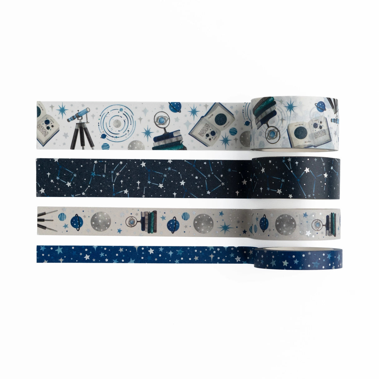 A dreamy celestial washi tape set inspired by stargazing, constellations, and drifting meteor trails. This coordinated collection features star-scattered skies, astronomy books, telescopes, planets, and deep midnight tones—perfect for adding a cosmic touch to planners and creative spreads.