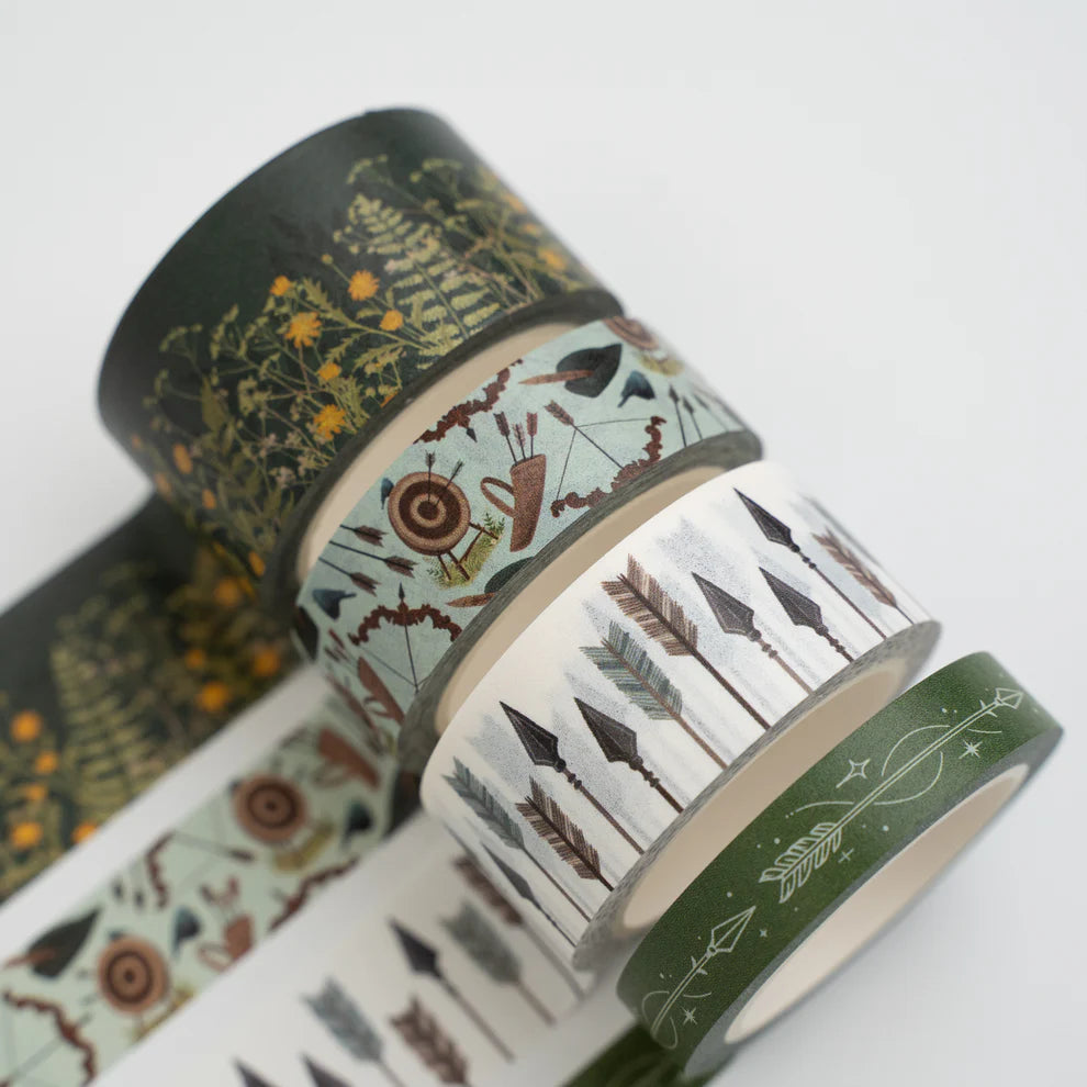 Inspired by quiet strength and woodland adventure, The Archer Washi Tape Set brings an earthy, storybook feel to journaling, scrapbooking, and planner spreads. With rich greens, soft neutrals, and charming illustrated details, this set is perfect for adding texture, warmth, and a little bit of magic to every page.