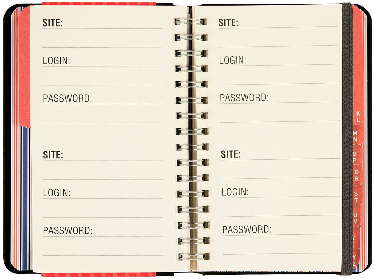 Libro de registro de direcciones de Internet y contraseñas en letra grande negra