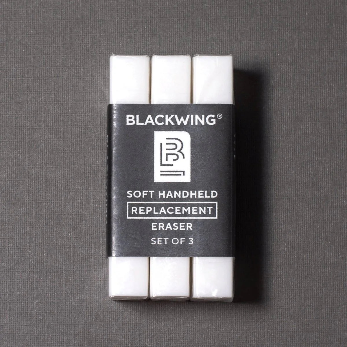 These replacement erasers are designed to be used with the Soft Handheld Eraser + Holder
Each eraser is made of a specialized soft material that erases the dark lines of our graphite cleanly and easily. Use them with our durable aluminum holder that lets you get a solid grip while erasing. The jumbo-sized Blackwing clip also lets you extend the eraser as you use it.
