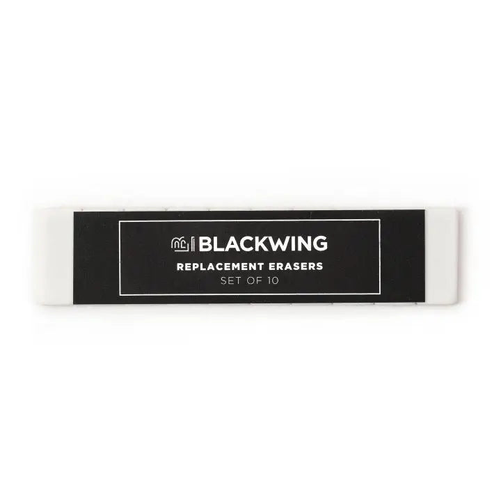 Blackwings have always been known for their iconic, replaceable, square erasers. To replace your eraser, slide the eraser and clip out of the ferrule, remove the clip from the old eraser, place the new eraser into the clip, and insert the new eraser and clip into the ferrule.
Replacement erasers come in sets of 10 and are available in black, white, pink, green, blue, navy blue, orange, yellow, red and grey.