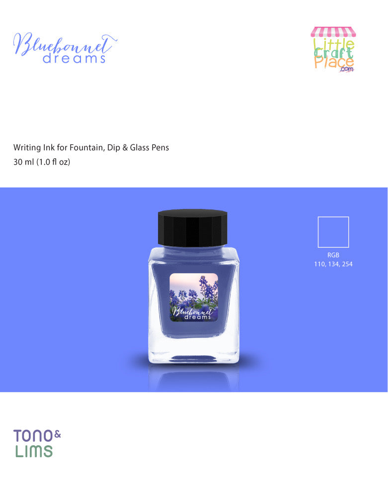 An exclusive TONO & LIMS ink inspired by Texas bluebonnets. Bluebonnet Dreams returns in a bright, vivid blue perfect for writing, journaling, and art.