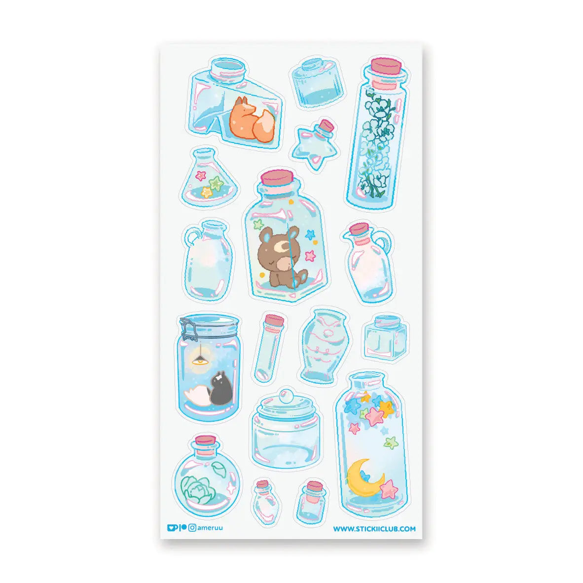 🌙🦊 Bottled up and brimming with magic, @ameruu transforms tiny jars into whole little worlds you can hold in your hands. Sleepy foxes and bears curl up for a nap, twinkling stars sparkle beside crescent moons, and delicate blooms and tiny treasures are tucked safely behind glass. From star-shaped vials to oversized bottles holding fragments of the night sky itself, this sheet is a pocket-sized universe, ready to sprinkle some stardust onto your favorite spreads.
Art by: @ameruu