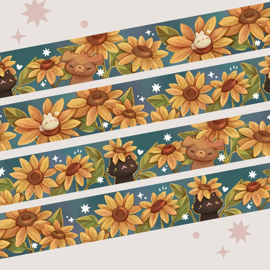 A washi tape inspired by sunflowers! Each roll of washi tape is 15mm (approximately 0.59 inches) wide and 10 meters (approximately 10.9 yards) long.
Washi tapes have a small labeling sticker with branding and design, but without extra packaging.