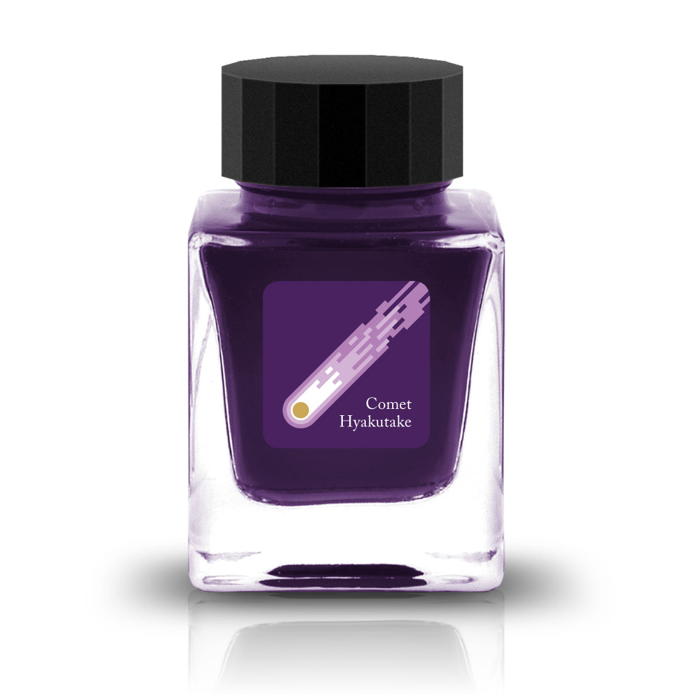 Comet Hyakutake Ink
The HASE Collection is in collaboration with HASE Glass Works (A Japan based glass studio) and is full of shimmering inks designed specifically for glass or dip pens. These inks are named after iconic comets due to their metallic nature.
RGB: 73, 27, 94
Purple
30ml
Glass Pen Only