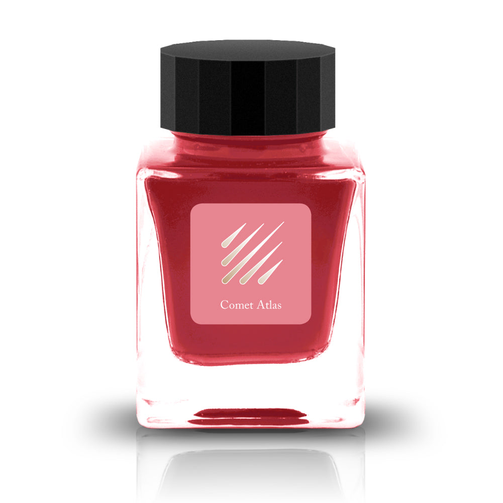 Comet Atlas Ink
The HASE Collection is in collaboration with HASE Glass Works (A Japan based glass studio) and is full of shimmering inks designed specifically for glass pens. These inks are named after iconic comets due to their metallic nature.
RGB: 232, 134, 144
Red
30ml
Copper Metal
Glass Pen Only