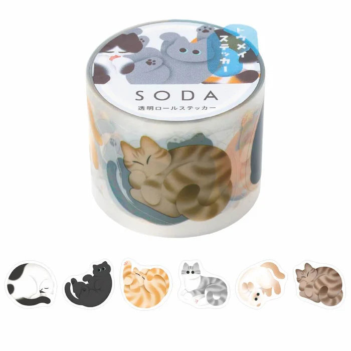 SODA Transparent Masking Tape - Rolling Cat (Sticker Roll)