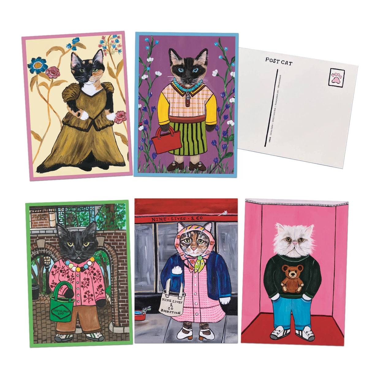 A postcard book with 10 original designs (each printed twice) of Carly Beck's acrylic paintings of cats.
This book of 20 postcards showcases whimsical, feline portraits. These cool cats are outfitted in fashionable clothing and accessories. Each kitty is striking a pose against a backdrop of colorful wallpaper or a quaint city scene. Flip through the postcard book to find your favorite tabby being a fashionista.
20 full-color postcards; 5 x 7 inches.