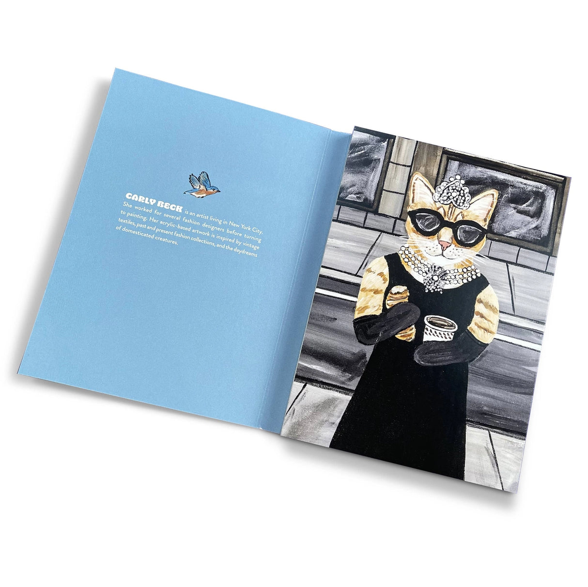A postcard book with 10 original designs (each printed twice) of Carly Beck's acrylic paintings of cats.
This book of 20 postcards showcases whimsical, feline portraits. These cool cats are outfitted in fashionable clothing and accessories. Each kitty is striking a pose against a backdrop of colorful wallpaper or a quaint city scene. Flip through the postcard book to find your favorite tabby being a fashionista.
20 full-color postcards; 5 x 7 inches.
