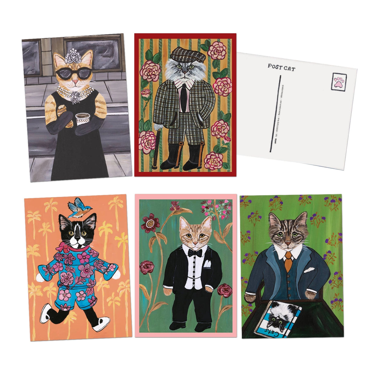 A postcard book with 10 original designs (each printed twice) of Carly Beck's acrylic paintings of cats.
This book of 20 postcards showcases whimsical, feline portraits. These cool cats are outfitted in fashionable clothing and accessories. Each kitty is striking a pose against a backdrop of colorful wallpaper or a quaint city scene. Flip through the postcard book to find your favorite tabby being a fashionista.
20 full-color postcards; 5 x 7 inches.