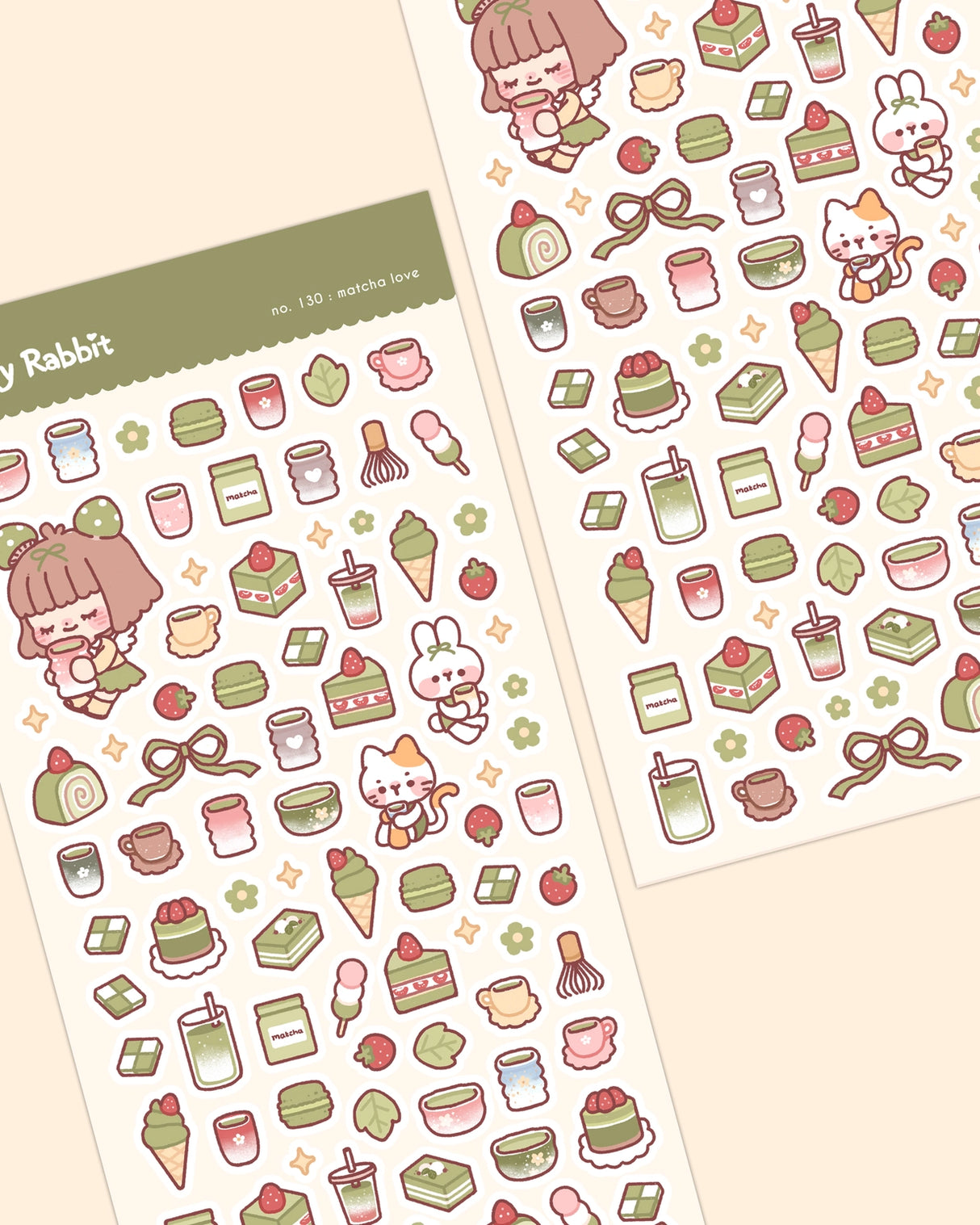 Decorate your planner / diary with these little stickers of matcha treats!
Kiss cut sticker sheet
1 sheet
Sheet size: 9 x 18 cm
Material: Washi sticker / Masking sticker