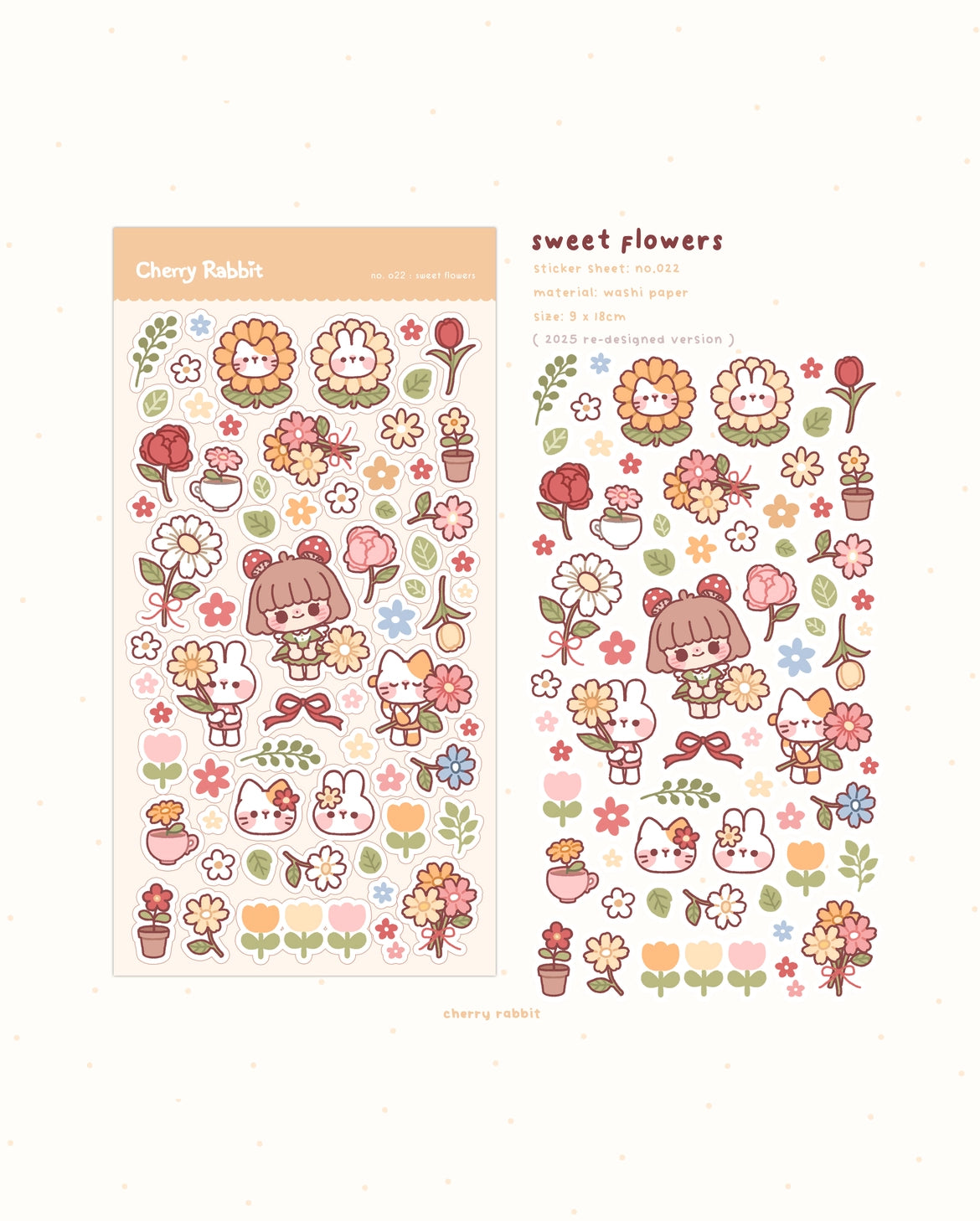 Cherry Rabbit Sweet Flowers Sticker Sheet No. 022
Kiss cut sticker sheet
Sheet size: 9 x 18 cm
Material: Washi sticker / Masking sticker