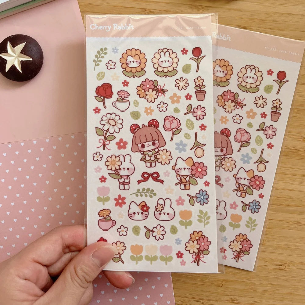Washi paper stickers! Decorate your planner / diary with these little stickers of cute flower themed illustrations 🌼🌻🌸🌷
Kiss cut sticker sheet
Sheet size: 9 x 18 cm
Material: Washi sticker / Masking sticker