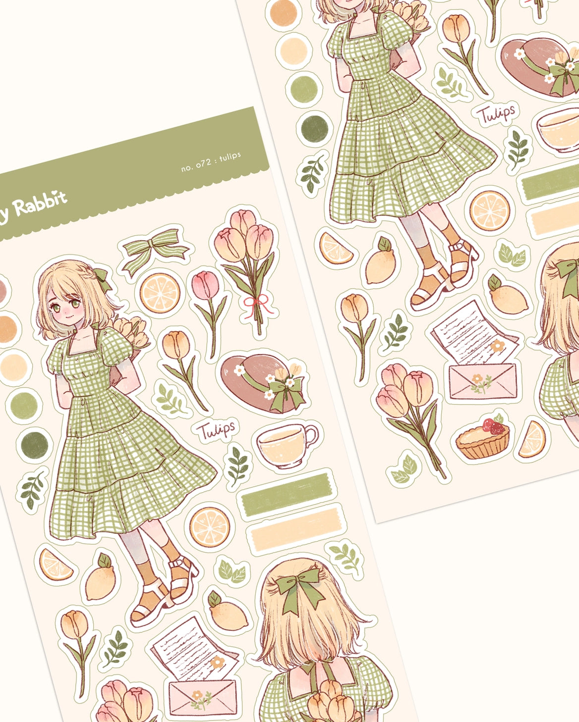 Cherry Rabbit Tulips Sticker Sheet No. 72
Kiss cut sticker sheet
Sheet size: 9 x 18 cm
Material: Washi sticker / Masking sticker