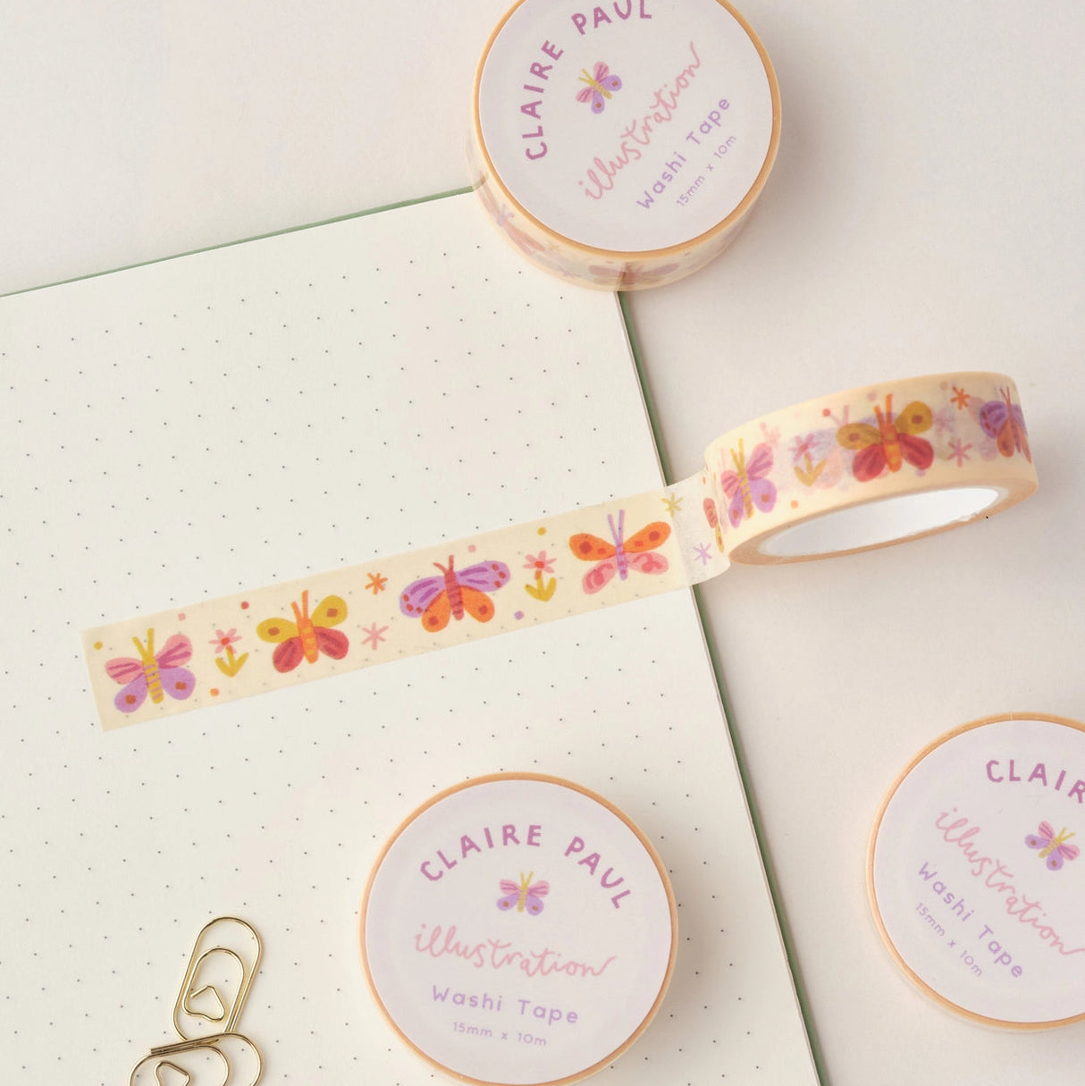 Cute washi tape with a butterfly pattern in pastel colours.
This paper masking tape is perfect for decorating your bullet journal and planners, scrapbooking & gift wrapping. It'll add some fun and colour to any surface and is easy to peel off.
10m x 15mm
