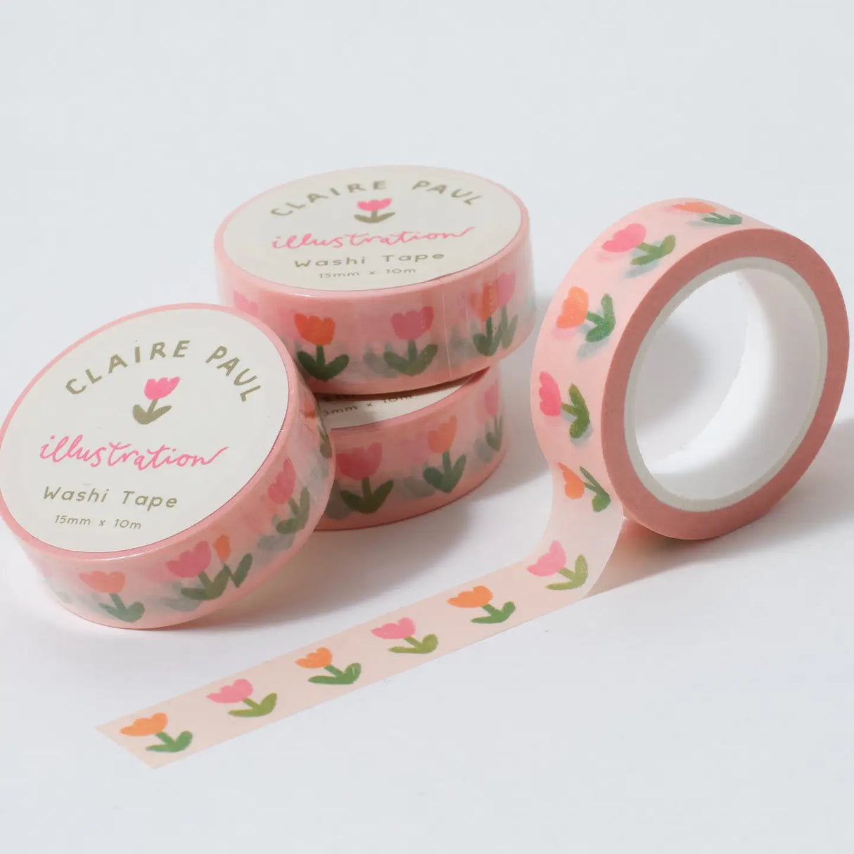 Cute floral wash tape in a pastel peach colour tone with pink and orange tulips.
This paper tape is perfect for decorating your bullet journal and planners, scrapbooking & gift wrapping. It'll add some fun and colour to any surface and is easy to peel off.