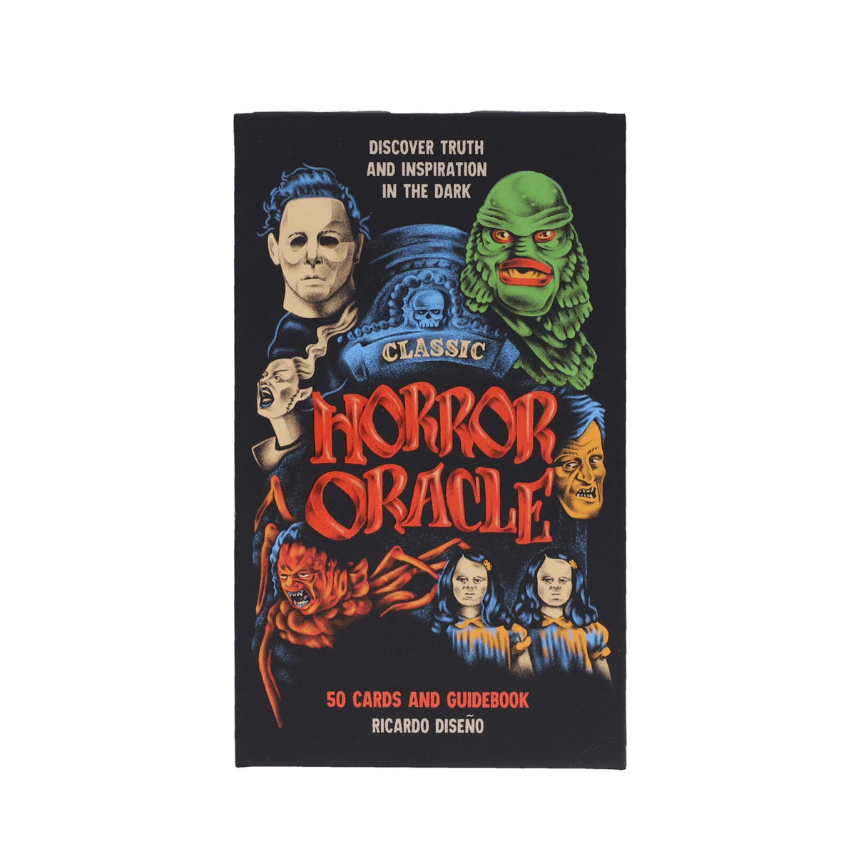 Discover truth and inspiration in the dark with the Classic Horror Oracle deck.
This uniquely entertaining and beautifully creepy oracle deck harnesses the energies and dark truths revealed in iconic classic horror movies to find guidance, discover inner resources, and cultivate inspiration. Each of the 50 carefully selected films is represented by an evocative mini-movie-poster-style illustration from celebrated artist Ricardo Diseño, with an oracular theme for divination called out.
