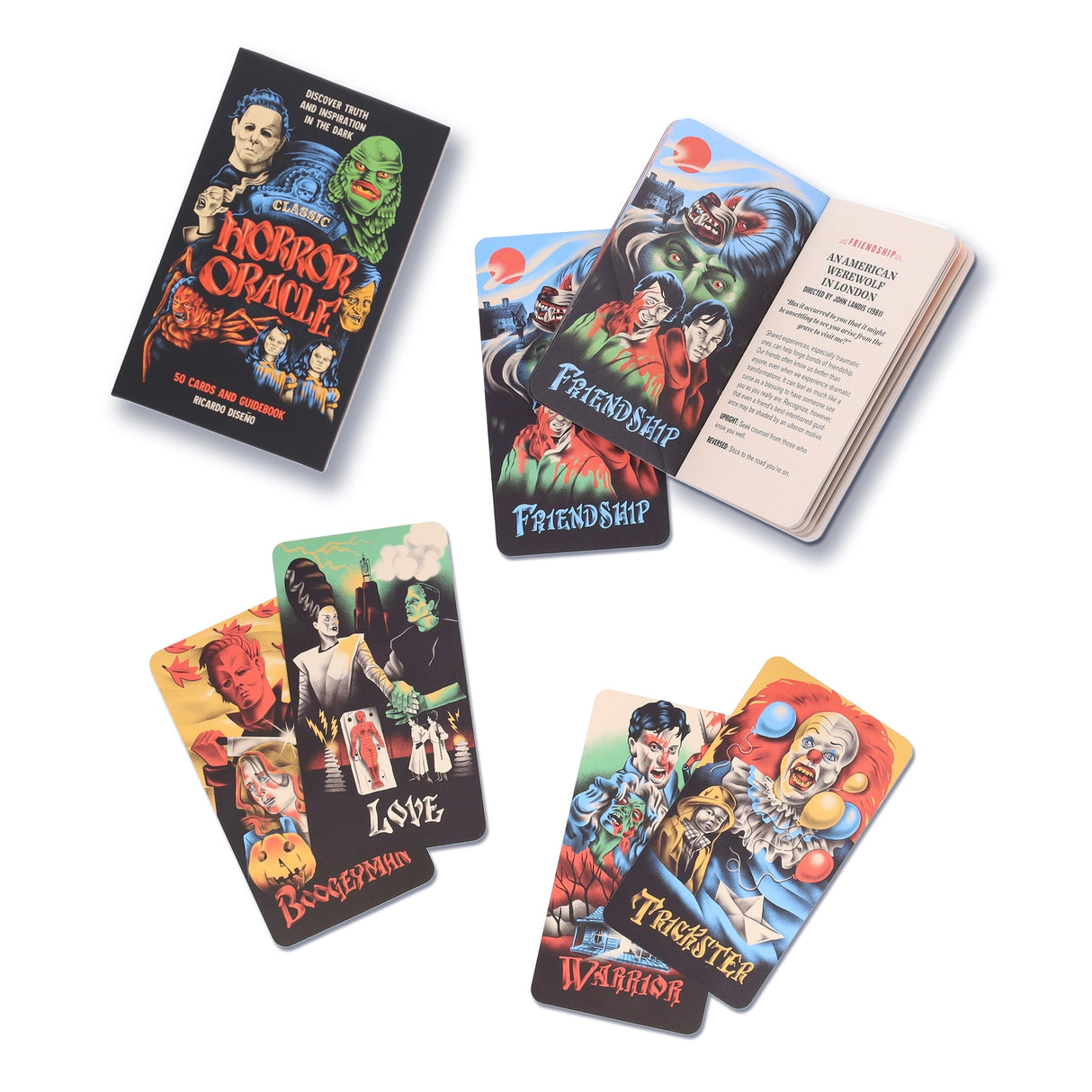 Discover truth and inspiration in the dark with the Classic Horror Oracle deck.
This uniquely entertaining and beautifully creepy oracle deck harnesses the energies and dark truths revealed in iconic classic horror movies to find guidance, discover inner resources, and cultivate inspiration. Each of the 50 carefully selected films is represented by an evocative mini-movie-poster-style illustration from celebrated artist Ricardo Diseño, with an oracular theme for divination called out.
