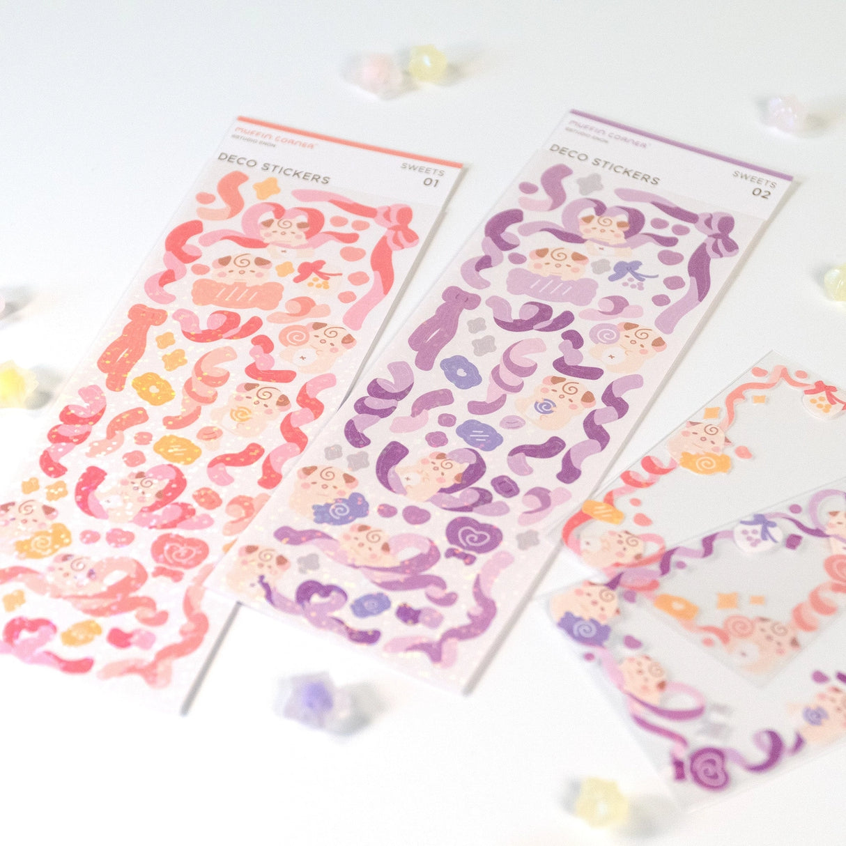 The Cocoroll Sweets deco sticker sheet features Cocoroll surrounded by adorable candies. Available in pink and purple versions, these cute deco stickers are the perfect addition to any polaroids/toploaders, journals, and more. The sparkly holo overlay adds an extra touch of shine and magic.
Dimensions: 2.7” x 8" (6.8cm x 20.5cm)
Quantity: 1 sheet