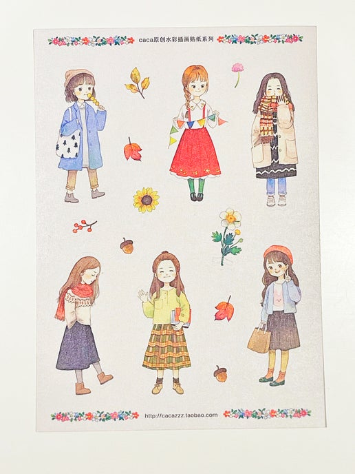 Hoja de pegatinas de chica de otoño acogedora tamaño A5