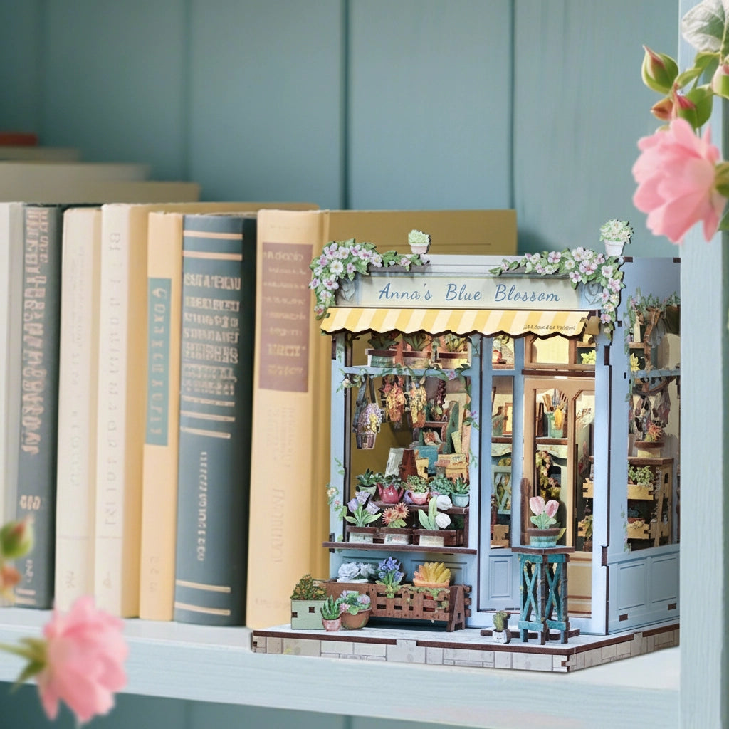Step into the charm of a quaint flower shop with the Anna's Blue Blossom DIY Miniature Book Nook Kit. From the soft pastel storefront to the cheerful yellow door and overflowing baskets of vibrant blooms, every detail captures the essence of a dreamy neighborhood florist. Inside, shelves brim with blossoms, potted plants, and tiny gardening treasures, creating a warm and welcoming scene. The delicate floral canopy and cascading greenery add a fresh touch of life, making this kit feel like a stroll through a