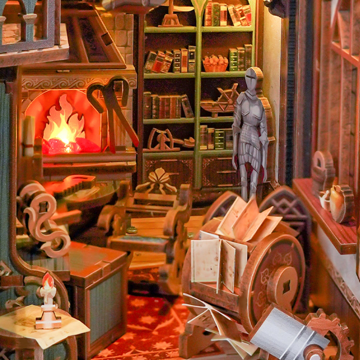 This miniature scene captures the soul of a Renaissance studio-arched windows filtering in warm light, a wooden easel displaying a half-finished sketch, parchment scrolls and notebooks scattered across a weathered worktable, and tools of invention and artistry tucked into every corner.
Illuminate your nook with a gentle tap on the touch-sensor power button. Or use the feature SMART SENSOR with a range of 20 inches, the LED light will seamlessly illuminate upon detection and gracefully fade out after