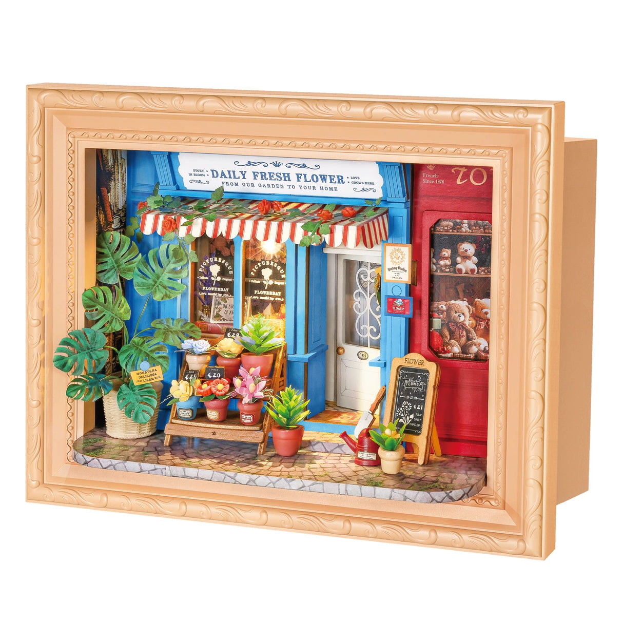 Daily Fresh Flower DIY miniature house
Assembly size: 218*82*168 mm
Package size: 287*217*108 mm
Pieces count: 183 pcs
Assembly time: 1.5 h
Item weight: 890 g
Age: 14+