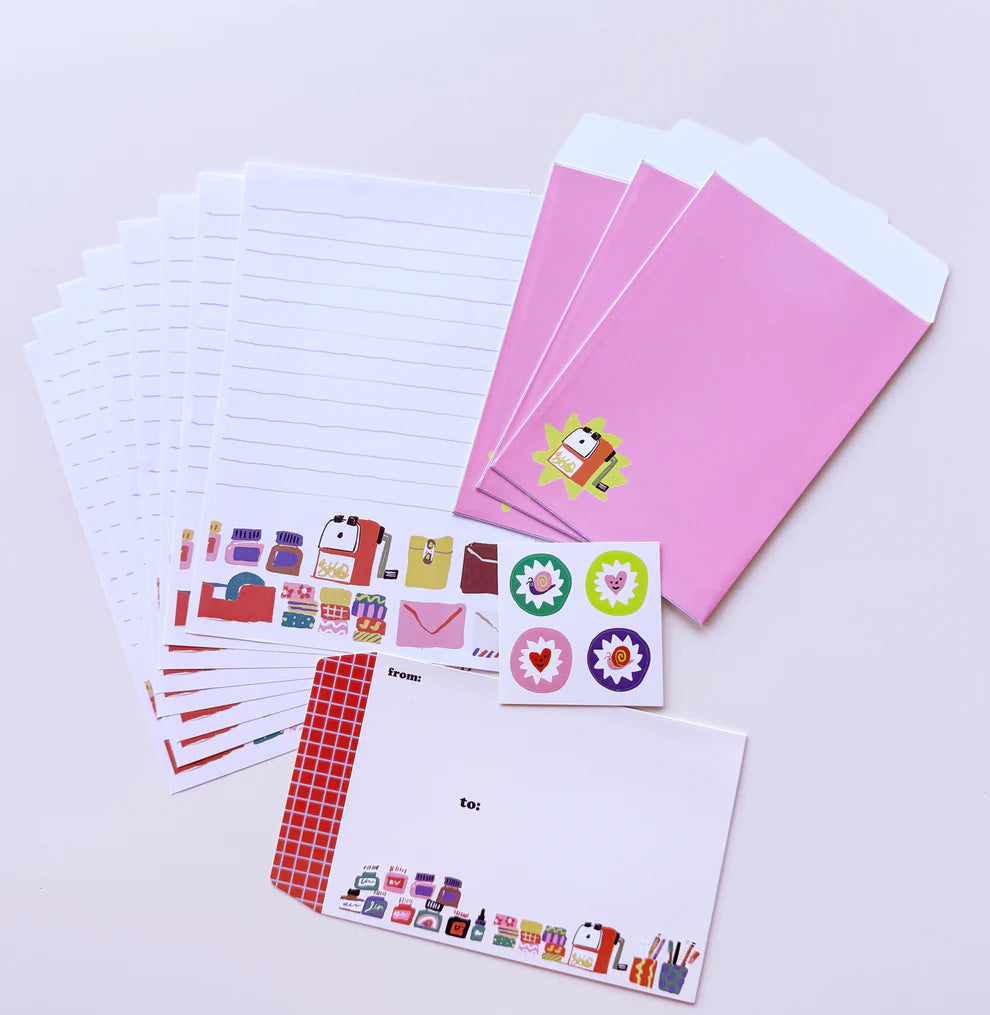 Letter writing set with a fun office supplies theme by Karen Schipper.
Set includes:
8 5.82" x 8.26" writing sheets
4 illustrated envelopes
4 sticker seals