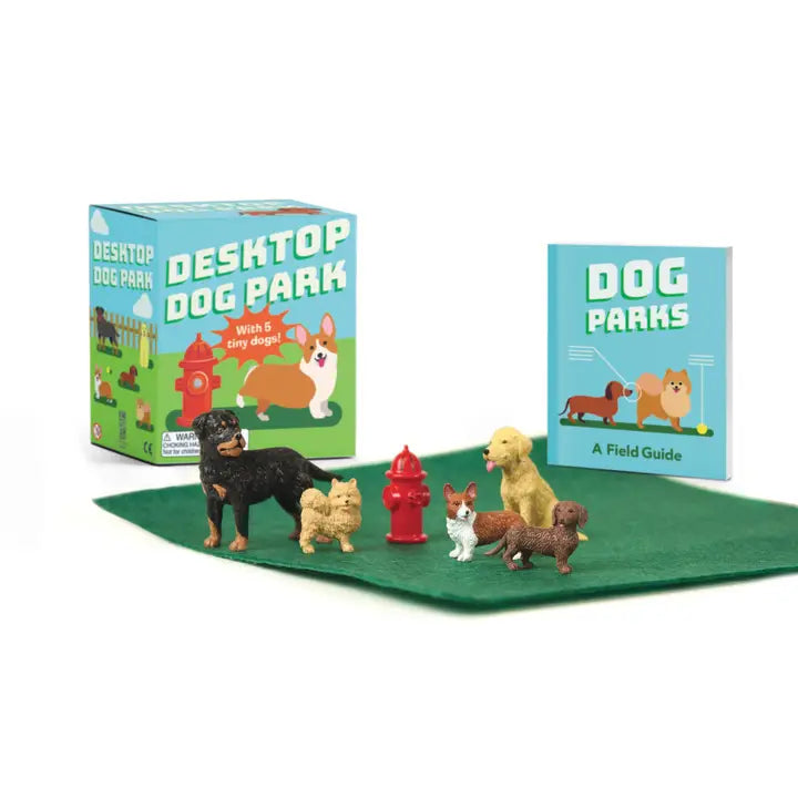 What's more entertaining and joyous than a trip to the dog park with your pup? A Desktop Dog Park you can enjoy during work hours! Create your own canine oasis with this adorable kit, featuring the world's most well behaved dogs.
Kit includes:
• 5 tiny resin dogs of various breeds
• 1 tiny fire hydrant (for when nature calls)
• A felt "lawn" to set the scene and keep your pups contained
• A 32-page mini book exploring the goings-on at the neighborhood dog hangout