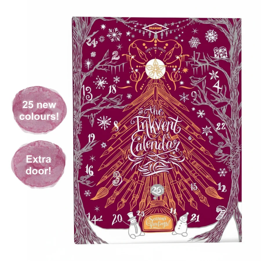 The Diamine InkVent Calendar 2026 is the ultimate treat for fountain pen ink fanatics (or, let’s face it, a well-deserved splurge for yourself!).
Behind each of the 24 doors is an ink bottle, with the first twenty-four days featuring a different 12ml plastic ink bottle, and the final day holding a 30ml plastic ink bottle. The Inkvent has been enhanced this year with swatch cards and a 26th door that will contain a unique collectable.
All the inks are brand new and include: Standard, Sheen, Extreme Sheen,