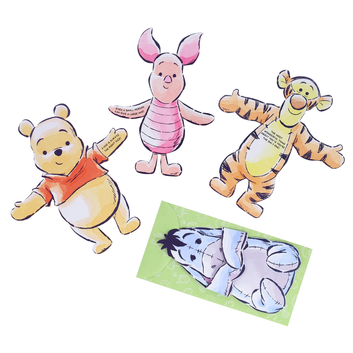Send a sweet message with these hugging notecards inspired by characters from Disney’s Winnie the Pooh! With folded arms enclosing a short, sweet greeting, these charmingly illustrated cards are perfect for reminding the people you love that a hug is always the right size!