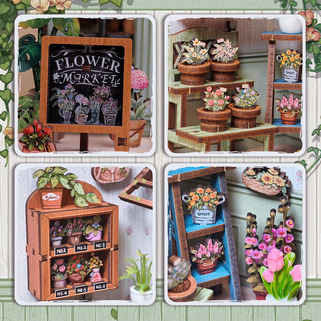 This elegant miniature captures the beauty of a boutique flower shop, adorned with delicate blooms, pastel accents, and a graceful arched doorway that invites you inside.
From the dainty floral arrangements to the hand-painted shop signs and warm, glowing interior, every detail evokes the feeling of strolling down the Champs-Élysées on a sunny afternoon. The soft LED lights cast a welcoming glow, highlighting rows of flowers ready to be wrapped for someone special.