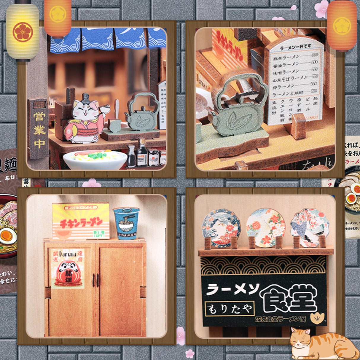 From the iconic noren curtain swaying above the window to the finely detailed counter lined with ramen bowls, rice balls, and sake bottles, every element of the Ramen Sake House DIY book nook kit captures the warm, nostalgic spirit of a cozy late-night eatery tucked away in a quiet Tokyo alley. Soft LED lights bathe the scene in a gentle glow, evoking the hum of conversation, the clink of dishes, and the comforting aroma of a midnight meal.