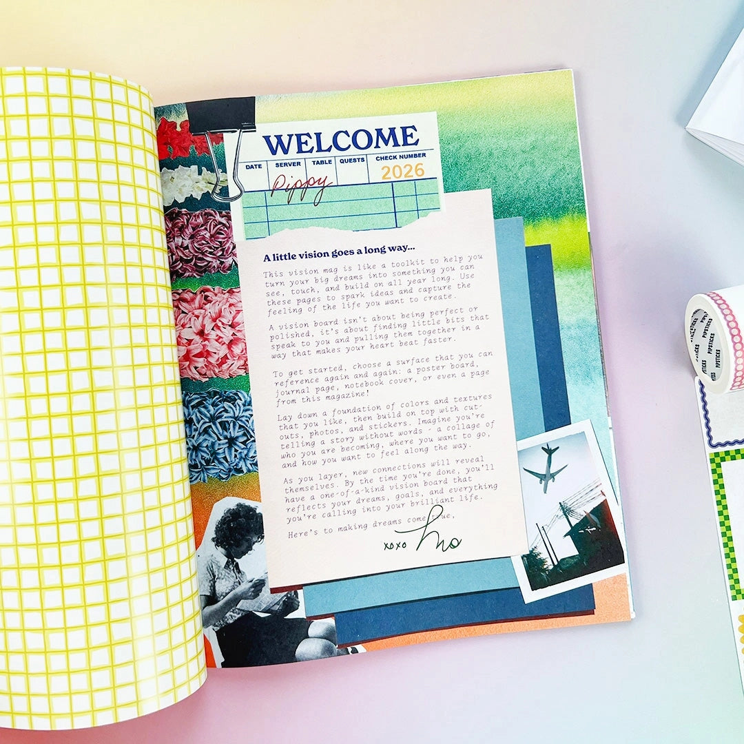 Dream Vision Collage Magazine is your go-to for planning, plotting, and putting big ideas on paper. Packed with bold visuals, playful textures, and 400+ stickers, it’s perfect for vision boards, journaling, and list-making that actually feels fun. Finished with a foil-stamped cover, this 8x10” magazine is made to flip through, tear into, and make totally your own.
Includes: 48 8x10" Pages, 5 sheets of stickers and over 400 stickers!