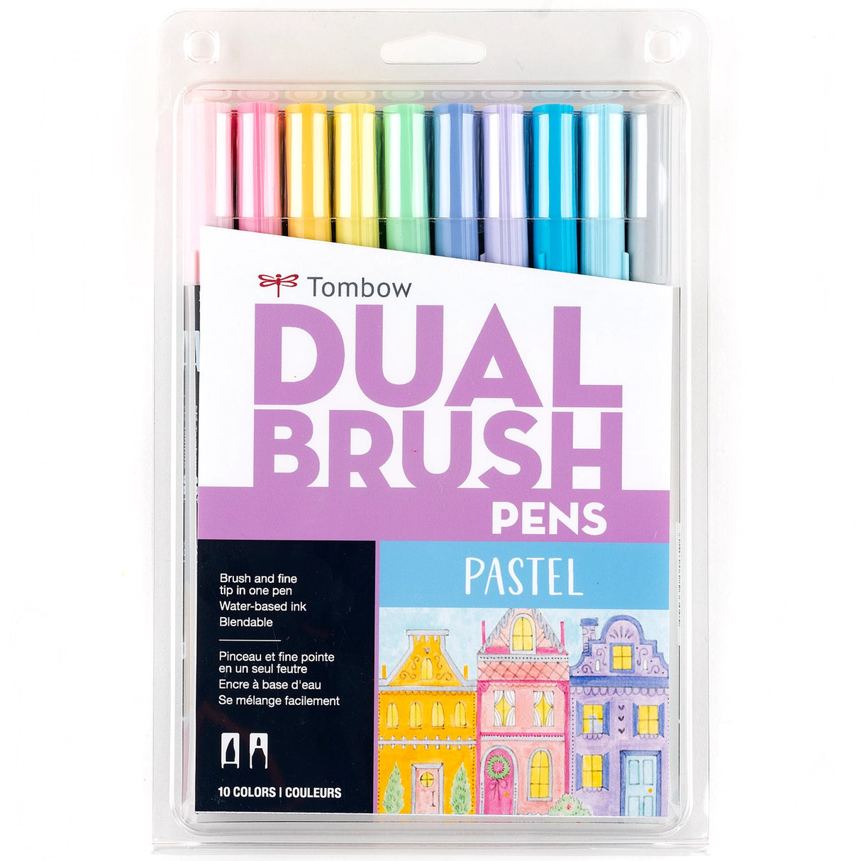 Set of 10 colors. Dual Brush Pens feature flexible brush tip and fine tip in one marker. Brush tip works like a paintbrush to create fine, medium or bold strokes; fine tip gives consistent lines. Dual Brush Pens are ideal for artists and crafters. The water-based ink is blendable and the resilient nylon brush retains its point stroke after stroke.
Colors include: 761 Carnation, 723 Pink, 991 Light Ochre, 062 Pale Yellow, 243 Mint, 451 Sky Blue, 452 Process Blue, 553 Mist Purple, 620 Lilac, N95 Cool Gray 1.