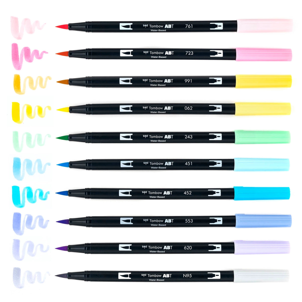 Set of 10 colors. Dual Brush Pens feature flexible brush tip and fine tip in one marker. Brush tip works like a paintbrush to create fine, medium or bold strokes; fine tip gives consistent lines. Dual Brush Pens are ideal for artists and crafters. The water-based ink is blendable and the resilient nylon brush retains its point stroke after stroke.
Colors include: 761 Carnation, 723 Pink, 991 Light Ochre, 062 Pale Yellow, 243 Mint, 451 Sky Blue, 452 Process Blue, 553 Mist Purple, 620 Lilac, N95 Cool Gray 1.