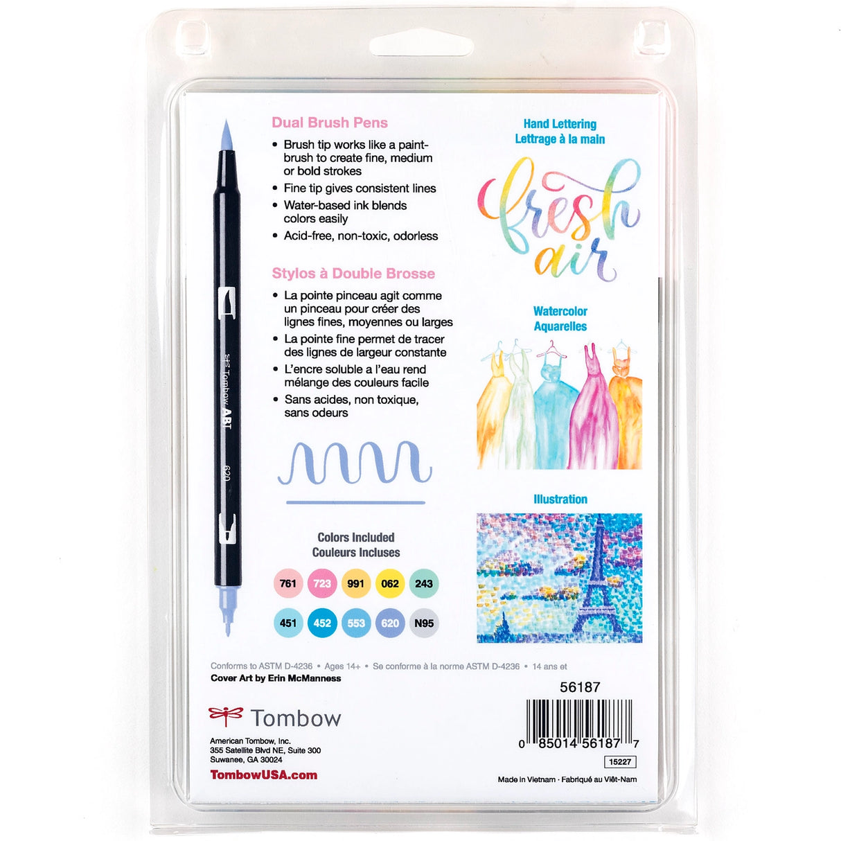 Set of 10 colors. Dual Brush Pens feature flexible brush tip and fine tip in one marker. Brush tip works like a paintbrush to create fine, medium or bold strokes; fine tip gives consistent lines. Dual Brush Pens are ideal for artists and crafters. The water-based ink is blendable and the resilient nylon brush retains its point stroke after stroke.
Colors include: 761 Carnation, 723 Pink, 991 Light Ochre, 062 Pale Yellow, 243 Mint, 451 Sky Blue, 452 Process Blue, 553 Mist Purple, 620 Lilac, N95 Cool Gray 1.