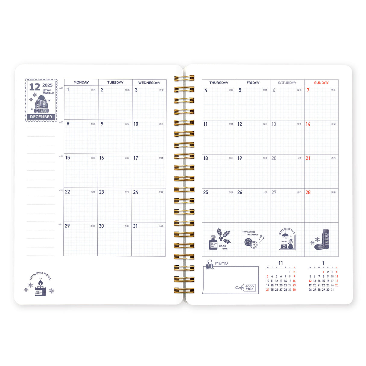Eric x Kleid 2026 Ring Diary B6
This is the second collaboration between Eric, who expresses a world filled with small things through his unique stamps, and Kleid Diary. Eric's worldview is expressed in every detail, from the cover to the monthly and note pages. It features a diagonal elastic band that can be used as a pen holder or bookmark, and a convenient double-sided pocket on the last page. The 2026 edition is available in the iconic navy and a soft, elegant greige.
Size: 182 x 128 mm
Paper: 70 sheet