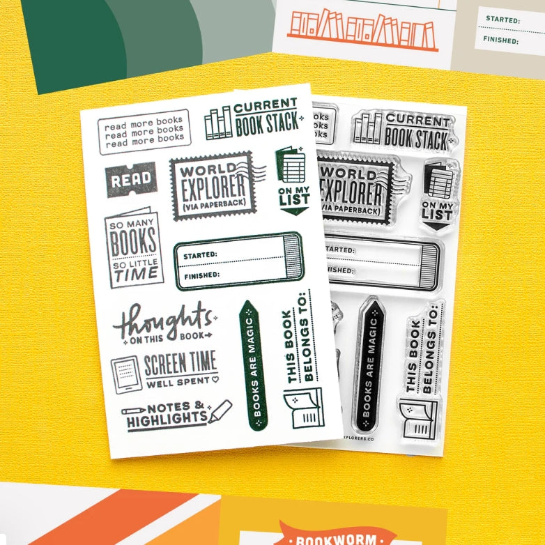 Here's a stamp set that is perfect for Bookworms, reading enthusiasts and those that love to journal about the titles that make the list. You can use this stamp set to not only help decorate your TBR list, but also to record your thoughts on the book you just finished.
Use this set for scrapbooking, Project Life, planners, travel journals and bullet journals! 4x6 clear stamp set, includes 12 stamps.
